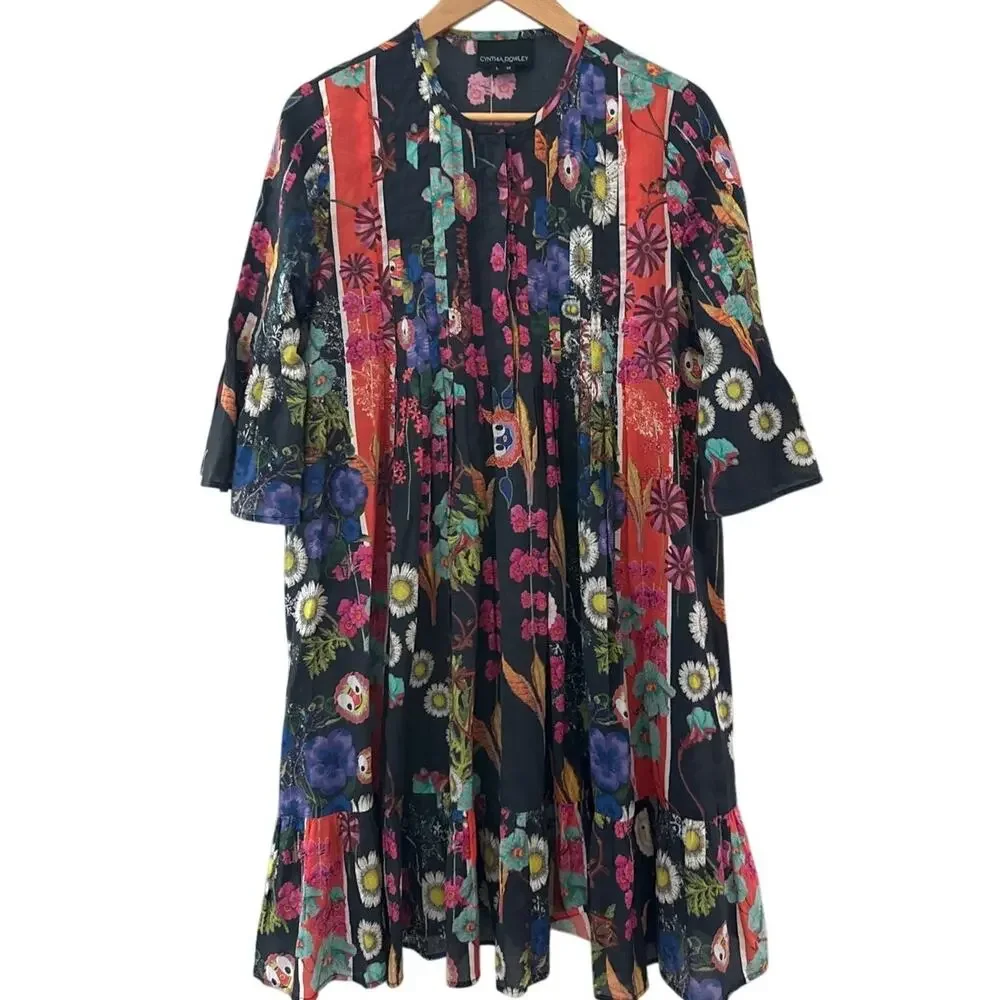 Cynthia Rowley Pleated Button Up Flutter Sleeve Dress Multi Size Medium Long - Picture 3 of 11